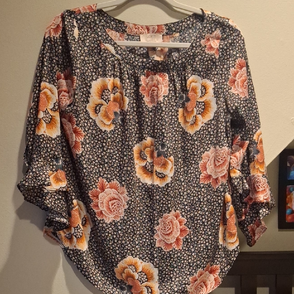 LOFT Floral Blouse - Navy Blue, Pink And Yello